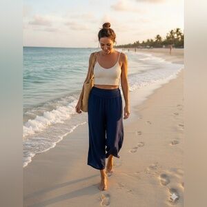 SIZE LARGE Apt. 9 Women’s Navy Blue Flowy Gauze Pant With Foldover Elastic Waist